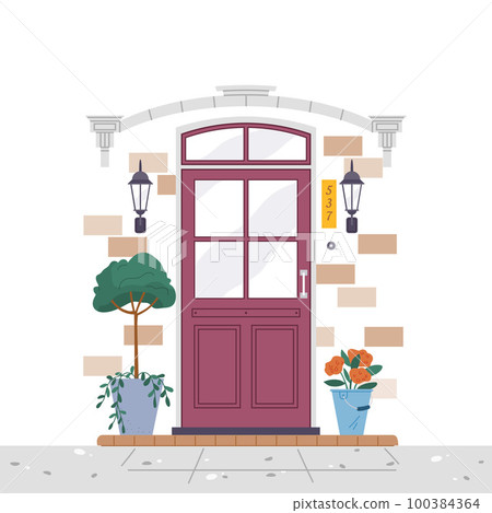 Facade door house exterior. front view from street. Closed home entrance exterior with potted plants Facade door house exterior. front view from street. Closed home entrance exterior with potted plants 100384364
