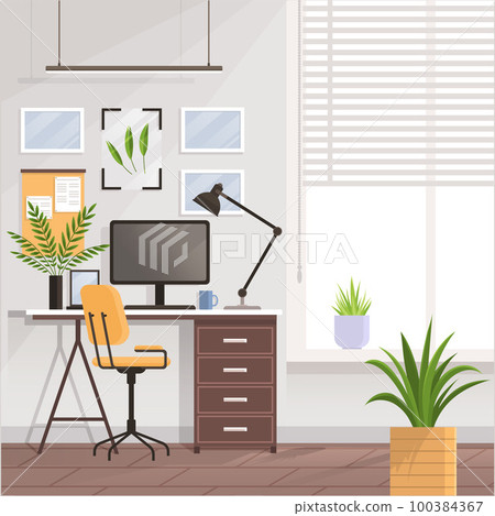 Workspace. Online or home job workplace. Empty room, modern interior, cabinet. Work at home Workspace. Online or home job workplace. Empty room, modern interior, cabinet. Work at home 100384367