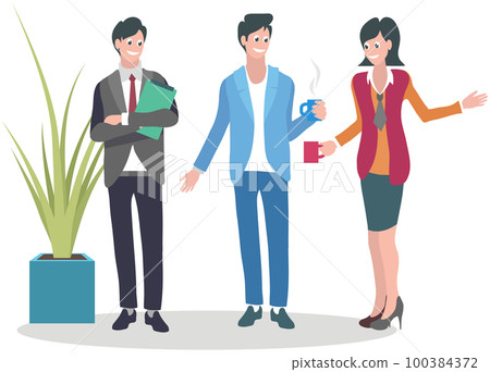 Business people communicate in office during break. Men and woman talk, spend time together 100384372