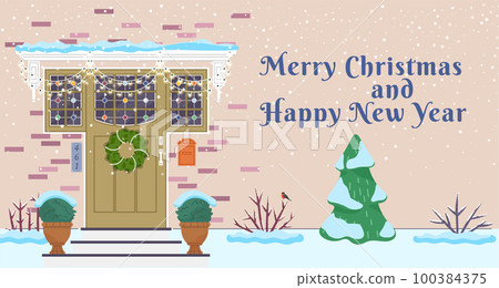 Merry Christmas and Happy New Year greeting card background poster with winter city street 100384375