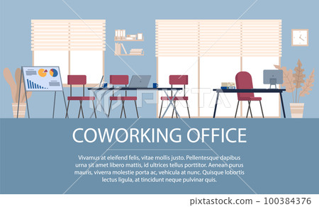 Design of modern empty office working place, chair, computer, desktop, bookcase, panoramic window Design of modern empty office working place, chair, computer, desktop, bookcase, panoramic window 100384376