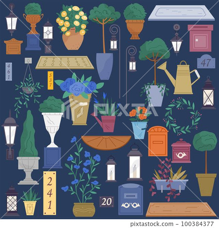 Front house design elements green potted plants, mailbox, lantern, rug set on dark background 100384377
