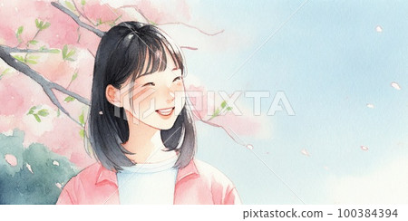 櫻花樹下微笑的女人 Generative AI 100384394