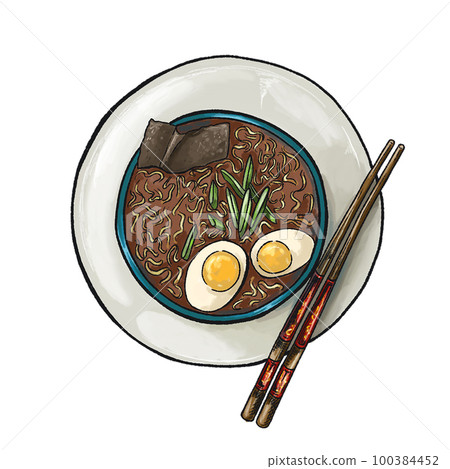Japanese cuisine soup ramen. Hand drawn illustration. Menu or signboard template for restaurant. 100384452