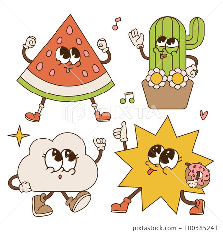 Retro set of summer groovy mascots. Funny characters of flower , potted cactus, sun, cloud, watermelon with groovy face emotion and gestures of comical gloves hands. Vector hand drawn hippie design. 100385241