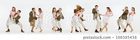 Collage. Young man and woman in vintage retro style outfits dancing social dance isolated on white background. Collage. Young man and woman in vintage retro style outfits dancing social dance isolated on white background. 100385438