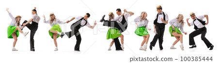 Collage. Beautiful girl and stylish man in retro style stage costumess dancing isolated on white background. Collage. Beautiful girl and stylish man in retro style stage costumess dancing isolated on white background. 100385444