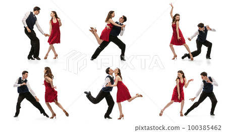 Collage. Beautiful girl and stylish man in vintage retro style outfits dancing isolated on white background. Collage. Beautiful girl and stylish man in vintage retro style outfits dancing isolated on white background. 100385462