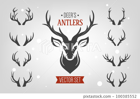 Vector Reindeer Horns, Antlers. Deer Horn Silhouettes. Hand Drawn Deers Horn, Antler Set. Animal Antler Collection. Design Elements of Deer. Wildlife Hunters, Hipster, Christmas and New Year concept 100385552