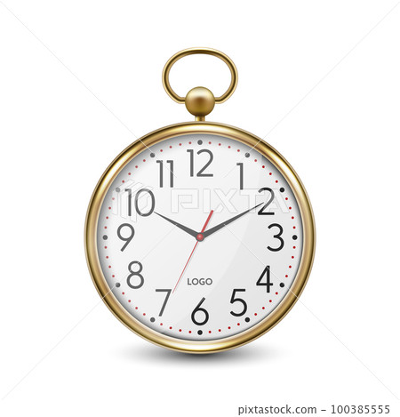 Vector 3d Realistic Simple Round Metal Yellow Golden Wall Office Clock with White Dial Icon Closeup Isolated on White Background. Design Template, Mock-up for Branding, Advertise. Front View 100385555