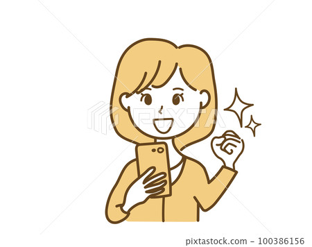 一個女人誰看著智能手機，並發揮膽量的姿勢 100386156