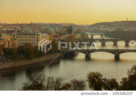 landscape with Vltava river and Charles Bridge 100386207