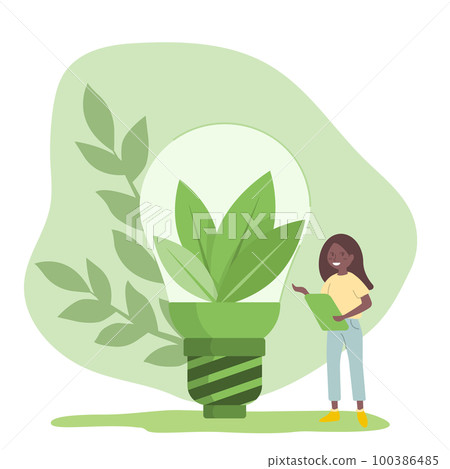 Sustainability illustration in flat style. Characters reduce energy consumption at home and use energy saving light bulb. Green electricity and power save concept. 100386485