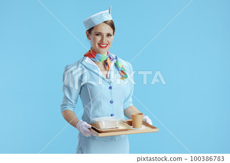 smiling modern air hostess woman on blue 100386783