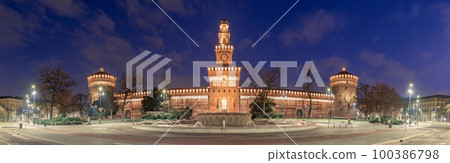 Sforzesco Castle and fountain in Milan, Italy 100386798