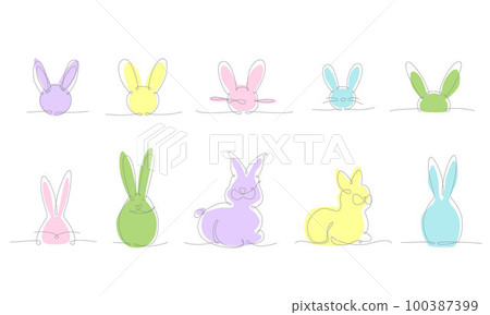 Easter bunny continues line hand draw pack elements. Vector stock illustration minimalism design isolated on white background. Editable stroke single line collection. EPS10 100387399