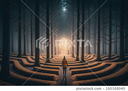 Person is looking for way out of psychedelic maze. A surreal labyrinth in magical forest. Human consciousness is at dead end, searching for solutions. Created with Generative AI Person is looking for way out of psychedelic maze. A surreal labyrinth in magical forest. Human consciousness is at dead end, searching for solutions. Created with Generative AI 100388040