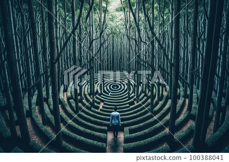 Person is looking for way out of psychedelic maze. A surreal labyrinth in magical forest. Human consciousness is at dead end, searching for solutions. Created with Generative AI 100388041