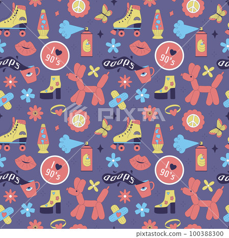 Seamless pattern with y2k style elements. Acidic vivid neon colors. Bright youth pattern with 90 s characters. Roller skates, lava lamp, high platform shoes, inflatable dog. Vector illustration on 100388300