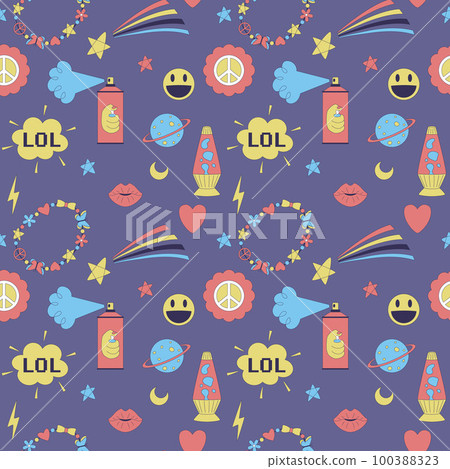 Seamless pattern with y2k style elements. Acidic vivid neon colors. Bright youth pattern with 90 s symbols. Lava lamp, bracelet, smiling face, lips. Vector illustration on purple background. Seamless pattern with y2k style elements. Acidic vivid neon colors. Bright youth pattern with 90 s symbols. Lava lamp, bracelet, smiling face, lips. Vector illustration on purple background. 100388323