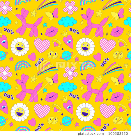 Seamless pattern with y2k style elements. Acidic vivid neon colors. Bright youth pattern with 90 s characters. Inflatable dog balloon, daisy, rainbow, kiss. Vector illustration on yellow background 100388350