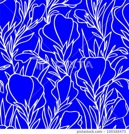 simple two-tone seamless pattern of white large contours of flowers on a blue background, texture, design simple two-tone seamless pattern of white large contours of flowers on a blue background, texture, design 100388473