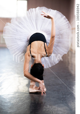 Graceful Asian ballerina in black bodysuit and white tutu poses in tilt.  100388942