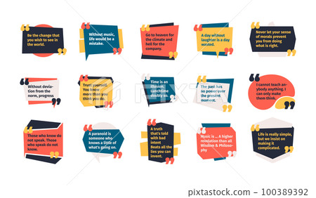 Quotes in frames. Speech balloon textbox with commas for quoting or comment, feedback dialog box with text, discussion note stickers. Vector flat set Quotes in frames. Speech balloon textbox with commas for quoting or comment, feedback dialog box with text, discussion note stickers. Vector flat set 100389392