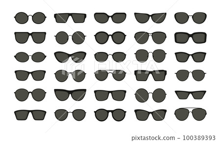Sunglasses shapes. Black polarized hipster glasses, retro classic eyewear spectacles, modern fashion eyeglass silhouettes. Vector flat set 100389393