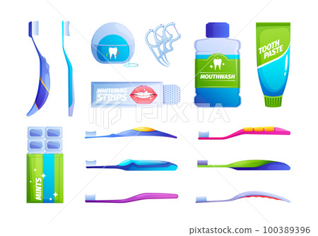 Oral hygiene products. Mouth cleaning tools, cartoon toothbrush toothpaste floss mouthwash icons, dental care treatment concept. Vector flat set 100389396