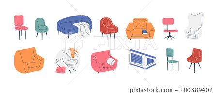 Chairs and armchairs. Cozy home interior and office furniture, stylish upholstered furnish for comfort relaxation, cartoon apartment decor. Vector set Chairs and armchairs. Cozy home interior and office furniture, stylish upholstered furnish for comfort relaxation, cartoon apartment decor. Vector set 100389402