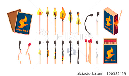 Match with box. Opened matchbook with matchstick, closed matchbox wood stick with sulfur combustion burnout stages cartoon style. Vector set 100389419