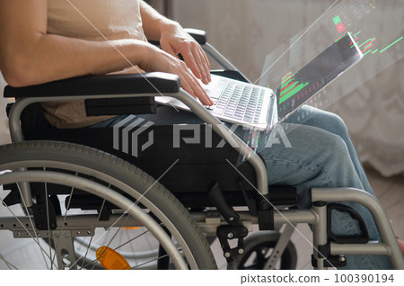 Caucasian woman in a wheelchair works at a laptop. HUD menu. Stock charts. brokerage terminal. 100390194