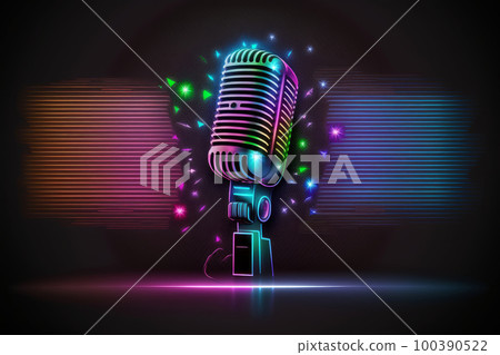 Microphone with bright colorful background. karaoke party. Illustration AI Generative 100390522