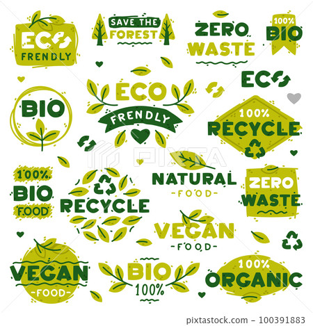 Ecology Badges and Green Eco Labels for Bio and Organic Product Vector Set 100391883