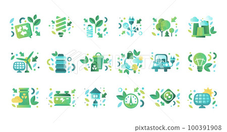 Ecology and renewable energy icons set. Alternative energy sources, power industry green signs vector illustration 100391908