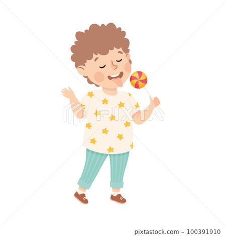Little Boy Eating Sweet Lollipop with Happy Face Enjoying Sugary Treat Vector Illustration 100391910