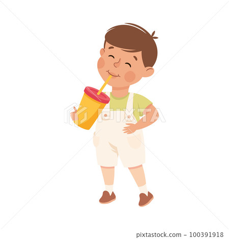 Little Boy Drinking Sweet Soda with Happy Face Enjoying Sugary Treat Vector Illustration Little Boy Drinking Sweet Soda with Happy Face Enjoying Sugary Treat Vector Illustration 100391918