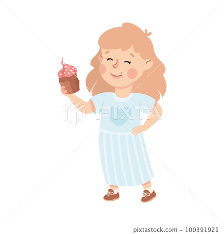 Little Girl Eating Sweet Cupcake with Happy Face Enjoying Sugary Treat Vector Illustration Little Girl Eating Sweet Cupcake with Happy Face Enjoying Sugary Treat Vector Illustration 100391921