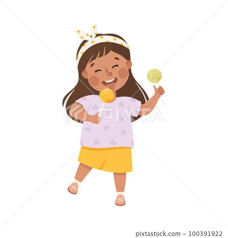 Little Girl Eating Sweet Lollipop with Happy Face Enjoying Sugary Treat Vector Illustration 100391922