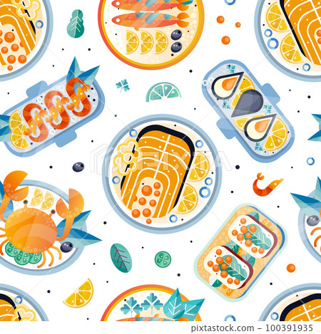 Seafood with Fish and Shellfish Dish Served on Plate Vector Seamless Pattern 100391935