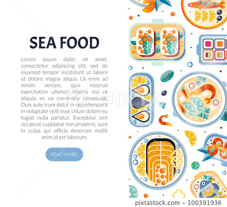 Seafood Design with Fish and Shellfish Dish Served on Plate Vector Template 100391936