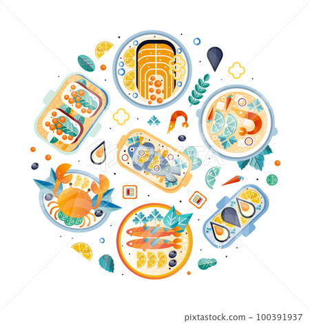 Seafood Dish Circle Composition with Fish and Shellfish Served on Plate Vector Template 100391937