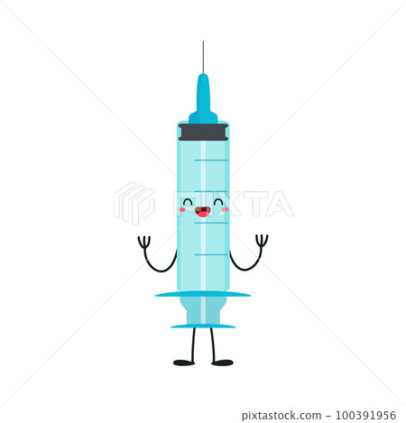 Cute Blue Syringe with Smiling Face and Arms Vector Illustration 100391956