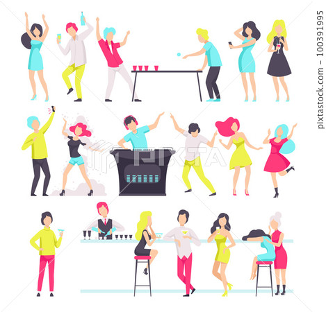 People dancing, drinking and having fun at party in night club. Night party scenes, dj playing music, bartender pouring alcohol drinks, friends playing beer pong vector 100391995