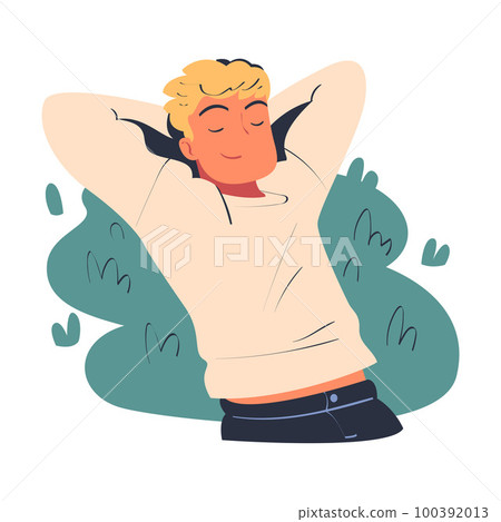 Man Character Dreaming Imagining and Fantasizing Something Lying on Grass Vector Illustration 100392013