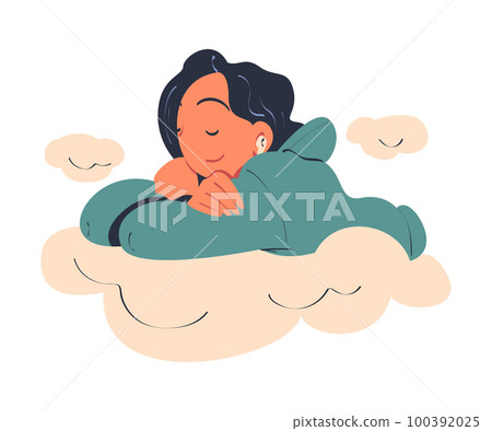 Woman Character Dreaming Imagining and Fantasizing Being in the Clouds Vector Illustration Woman Character Dreaming Imagining and Fantasizing Being in the Clouds Vector Illustration 100392025