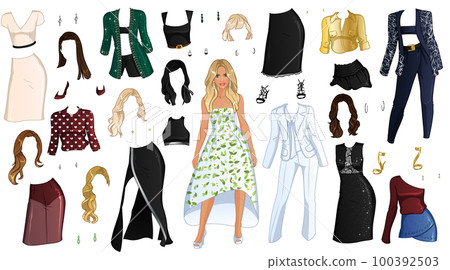 Cute Cartoon Supermodel Paper Doll with Outfits, hairstyles and Accessories. Vector Illustration 100392503