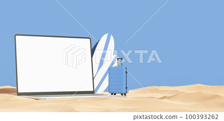 Modern laptop mockup with blank screen near suitcases. 3d render 100393262