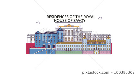 Italy, Turin, Residences Of The Royal House Of Savoy tourism landmarks, vector city travel illustration 100393302